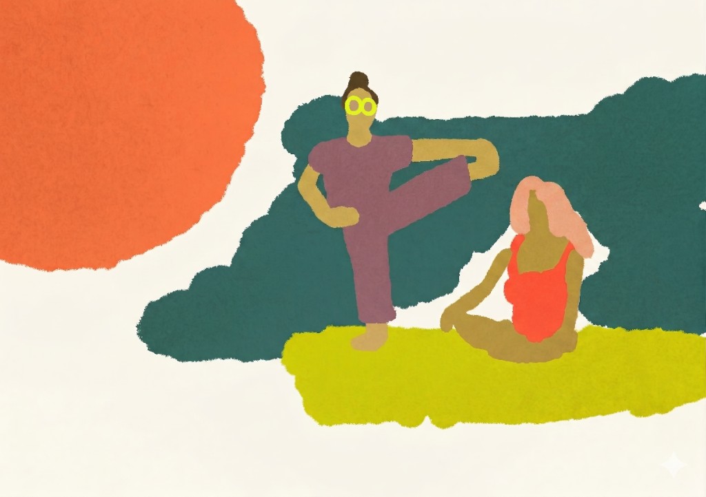 Illustration yoga — deux personnes pratiquant le yoga en plein air